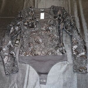 Express Lace Embroidered V-Neck Long Sleeve Thong Bodysuit